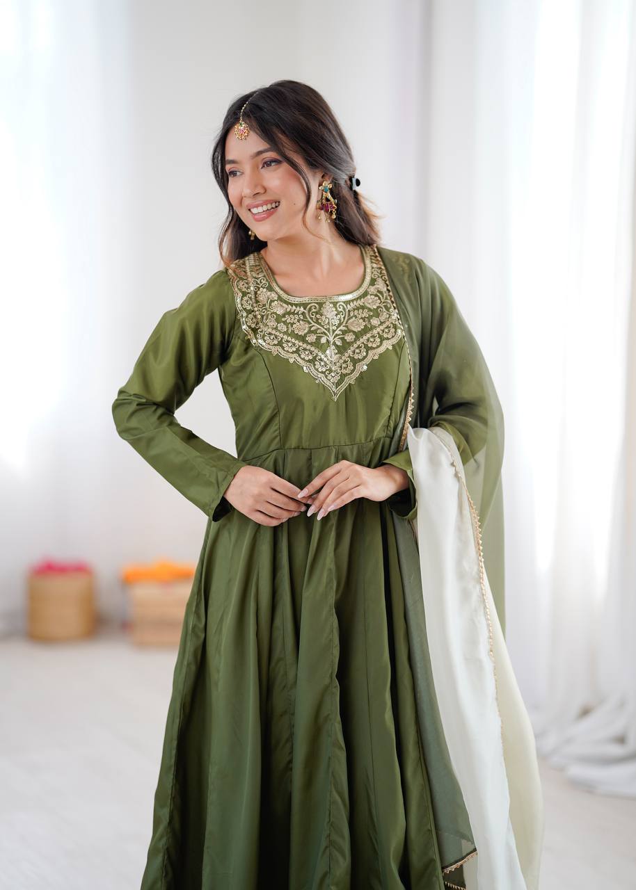 Olive Green Pure Soft Heavy French Crape Kalicut Anarkali Suit with Embroidery Work