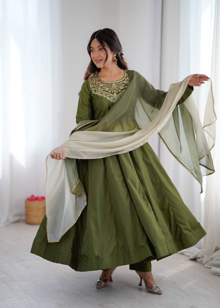 Olive Green Pure Soft Heavy French Crape Kalicut Anarkali Suit with gold embroidery and shaded dupatta by The Beauty Queen Surat.