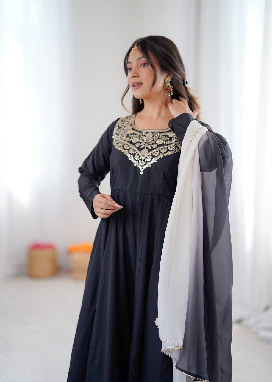 Black Pure Soft Heavy French Crape Kalicut Anarkali Suit with Embroidery Work