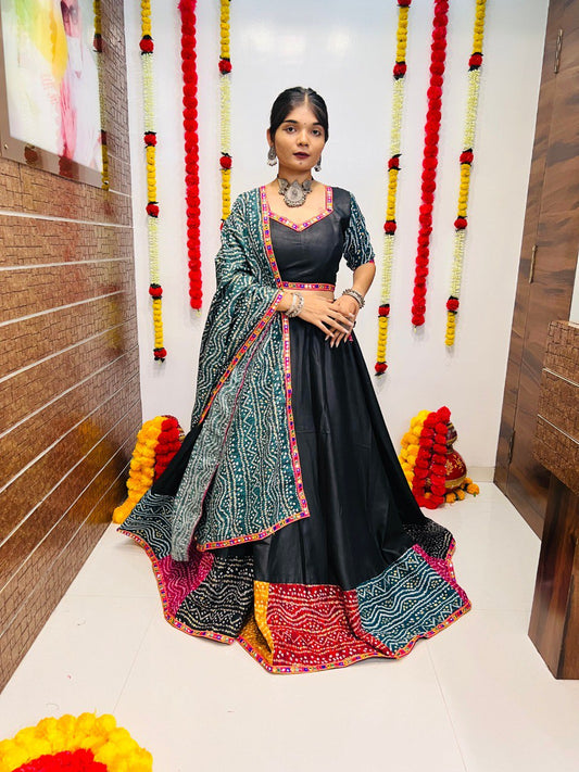 Rajwadi Black Pure Cotton Silk Multi Print With Gamthi Lace Work Navratri Lehenga Choli