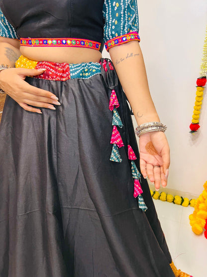 Rajwadi Black Pure Cotton Silk Multi Print With Gamthi Lace Work Navratri Lehenga Choli
