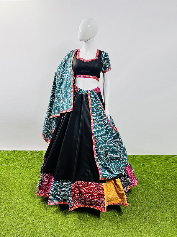 Rajwadi Black Pure Cotton Silk Multi Print With Gamthi Lace Work Navratri Lehenga Choli