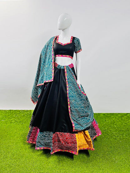 Rajwadi Black Pure Cotton Silk Multi Print With Gamthi Lace Work Navratri Lehenga Choli