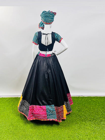 Rajwadi Black Pure Cotton Silk Multi Print With Gamthi Lace Work Navratri Lehenga Choli