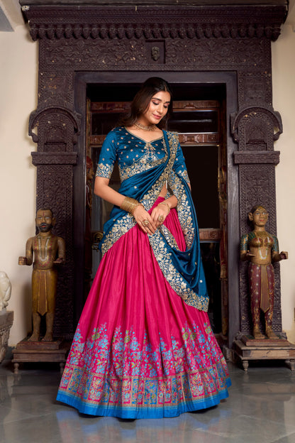 Pink Tussar Silk Printed With Foil Work Lehenga Choli