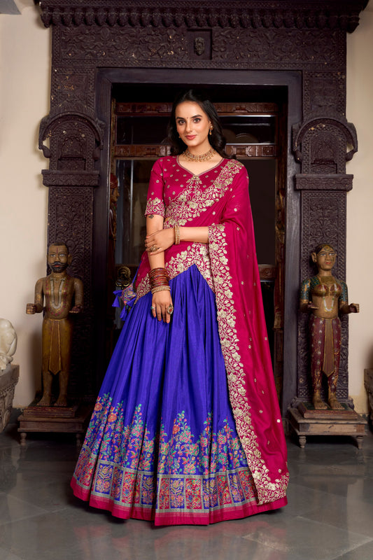 Royal Blue Tussar Silk Printed With Foil Work Lehenga Choli