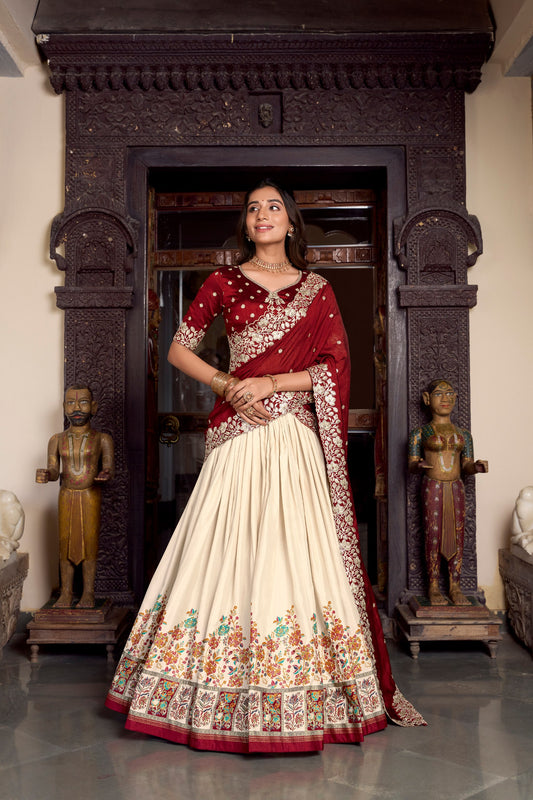Off White Tussar Silk Printed With Foil Work Lehenga Choli