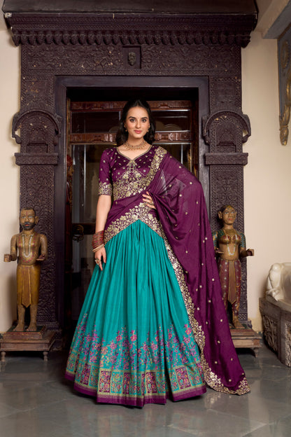 Firozi Tussar Silk Printed With Foil Work Lehenga Choli
