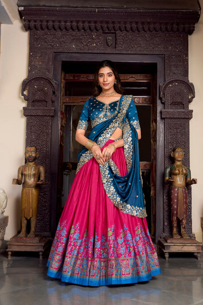Pink Tussar Silk Printed With Foil Work Lehenga Choli