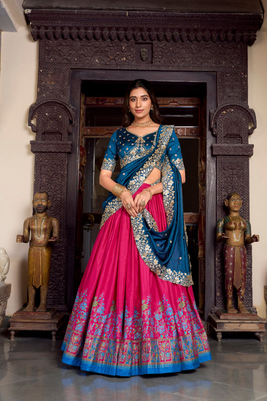 Pink Tussar Silk Printed With Foil Work Lehenga Choli