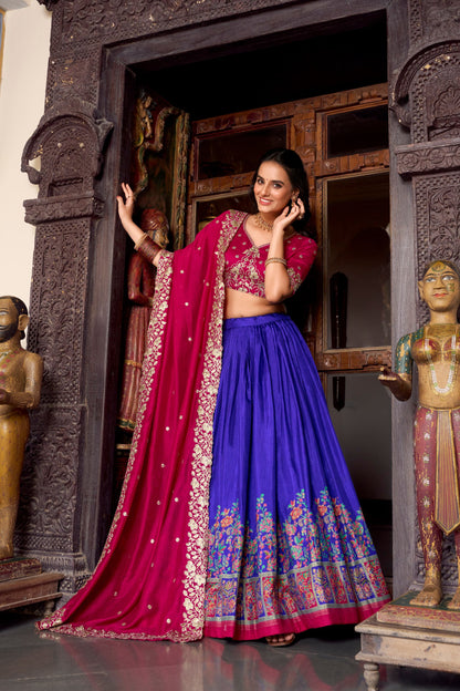Royal Blue Tussar Silk Printed With Foil Work Lehenga Choli