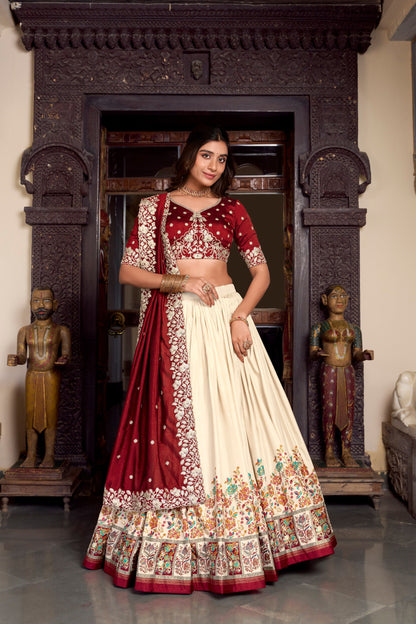 Off White Tussar Silk Printed With Foil Work Lehenga Choli