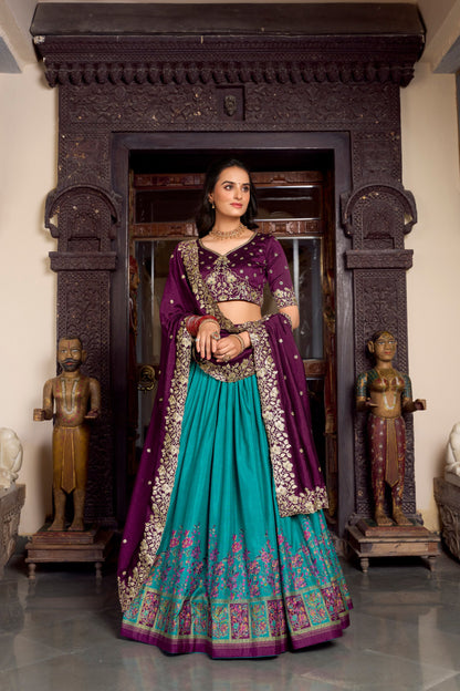 Firozi Tussar Silk Printed With Foil Work Lehenga Choli