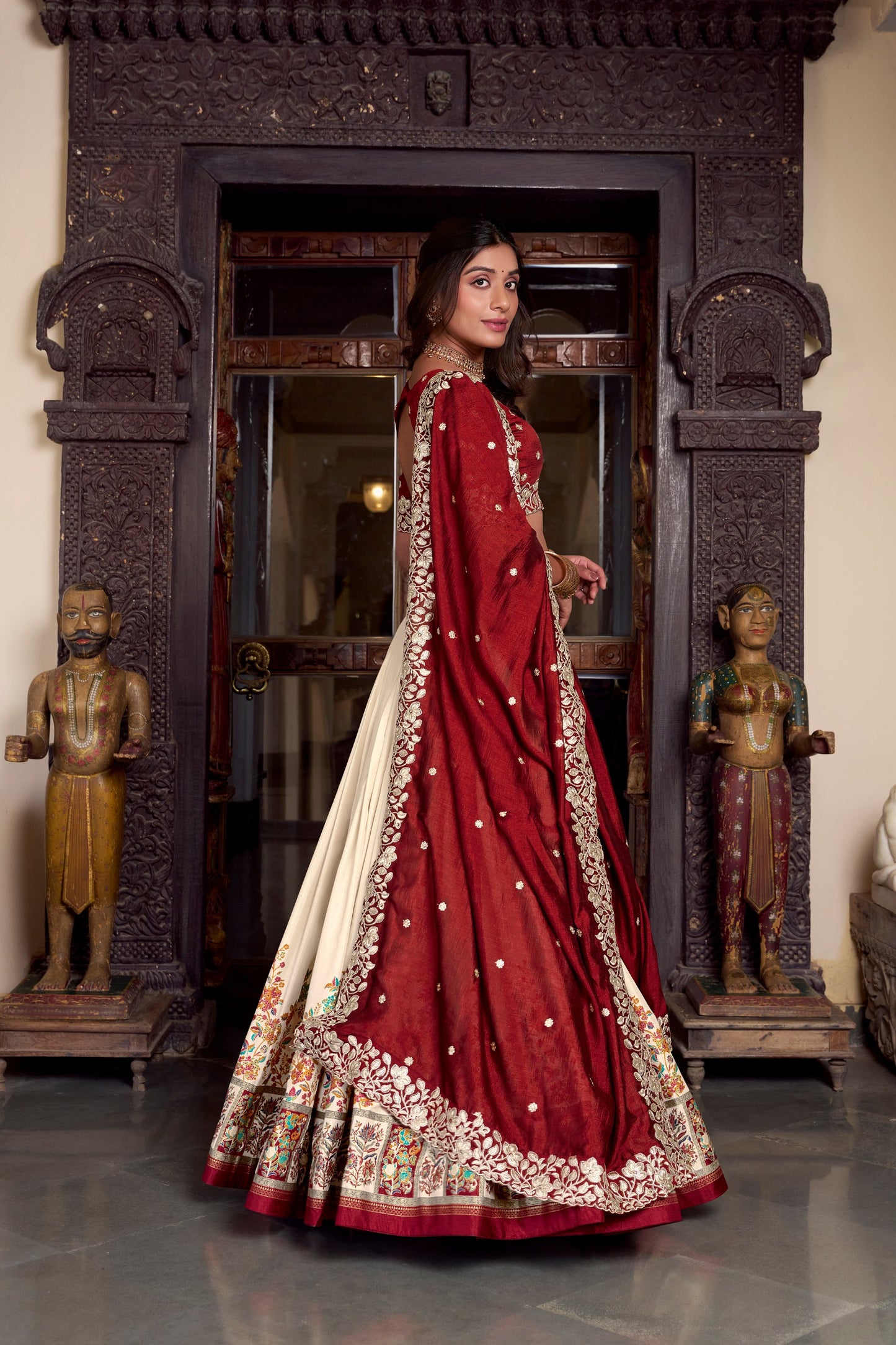 Off White Tussar Silk Printed With Foil Work Lehenga Choli