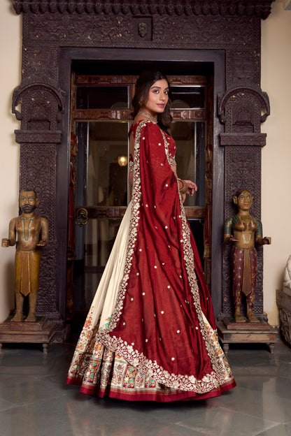 Off White Tussar Silk Printed With Foil Work Lehenga Choli