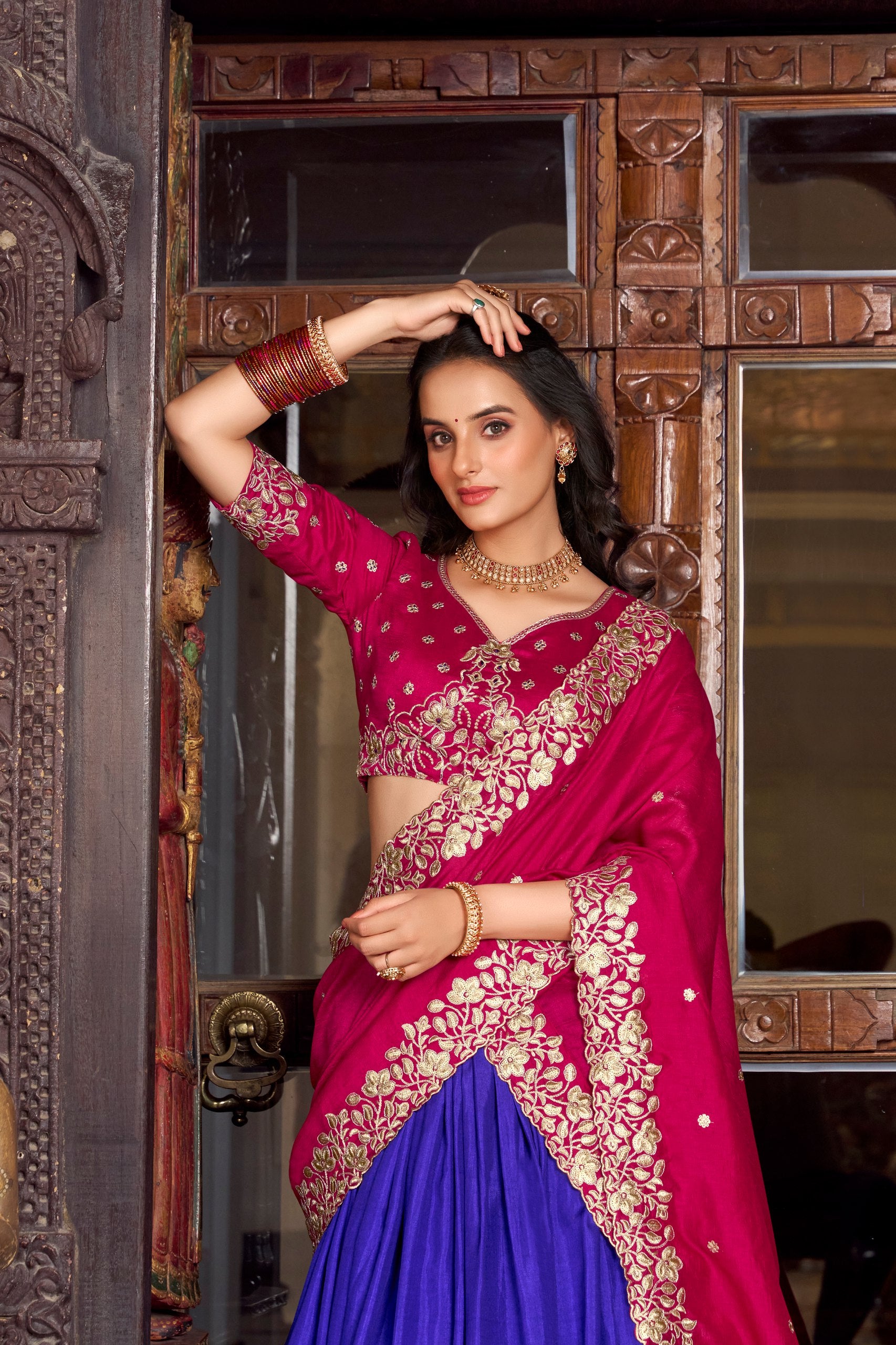 Royal Blue Tussar Silk Printed With Foil Work Lehenga Choli