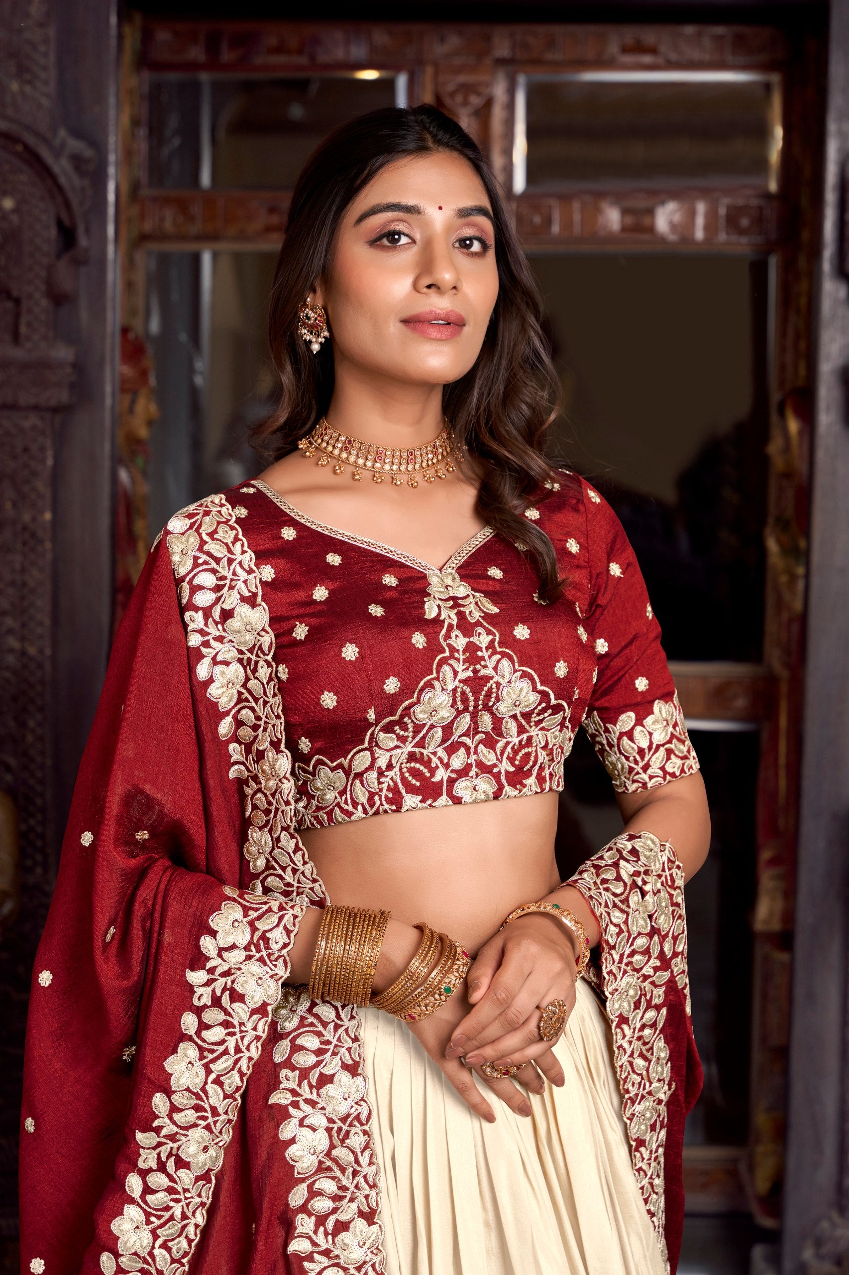 Off White Tussar Silk Printed With Foil Work Lehenga Choli