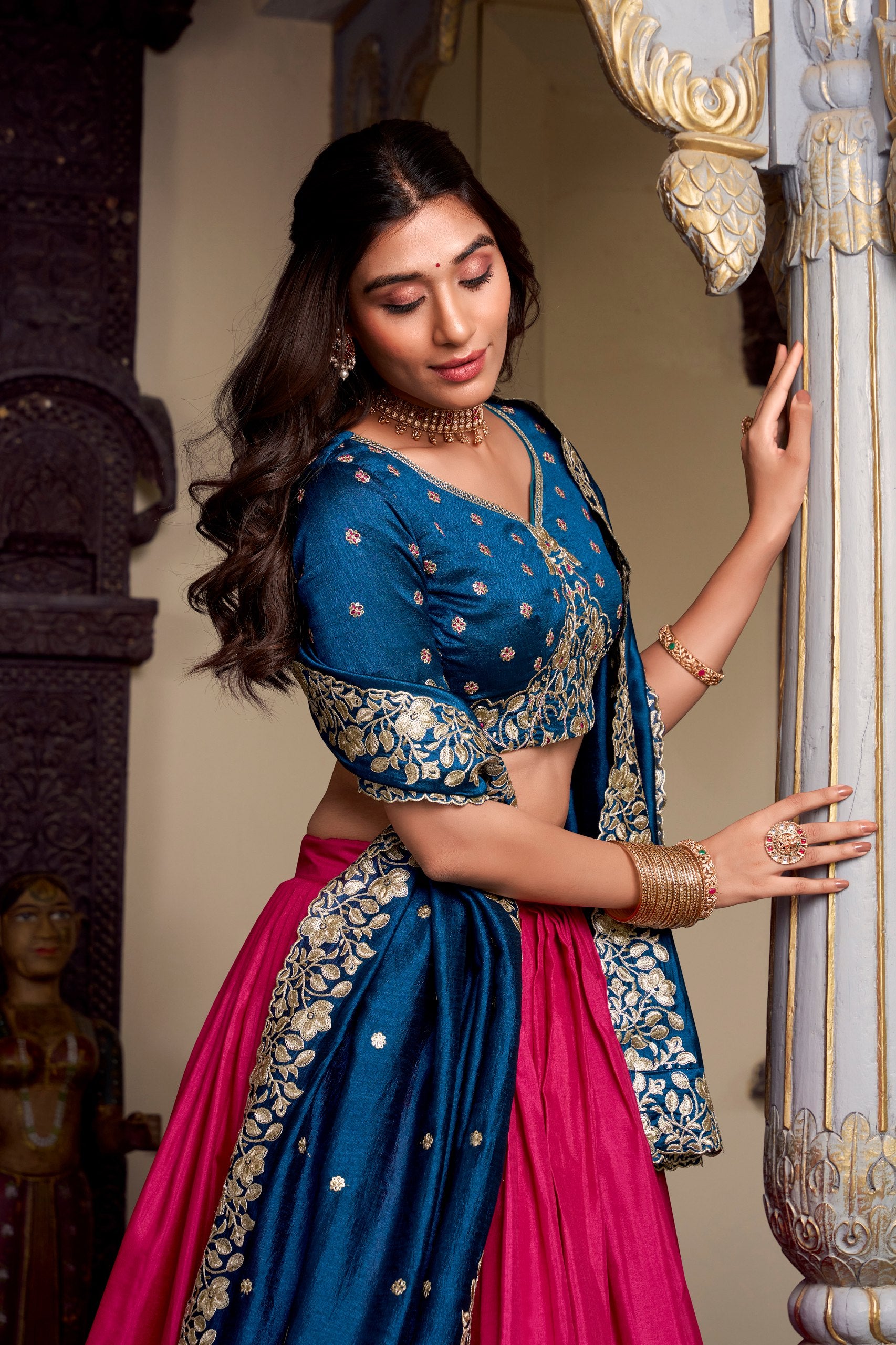 Pink Tussar Silk Printed With Foil Work Lehenga Choli