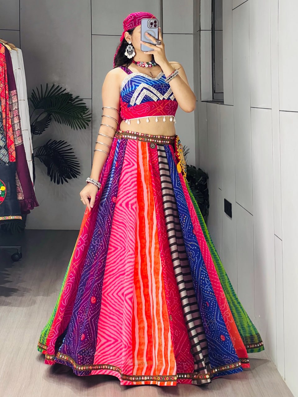 Multicolour Navratri chaniya choli ready to wear with kandora and moti tassels

