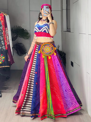 Traditional Gujarati Navratri chaniya choli multicolour print with mirror work for garba
