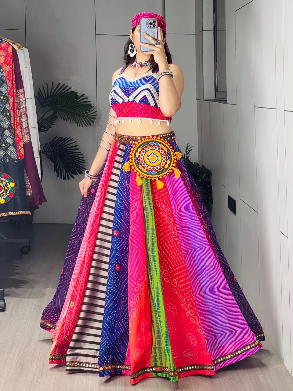 Traditional Gujarati Navratri chaniya choli multicolour print with mirror work for garba
