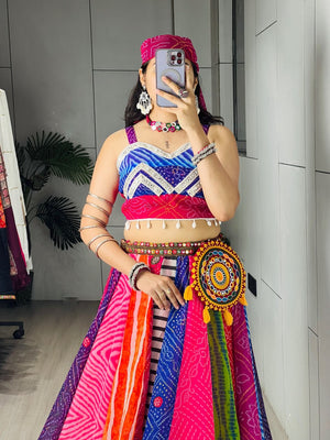 Garba chaniya choli multicolour bandhani leheriya kali with mirror work crop top
