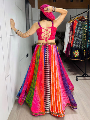 Navratri lehenga faux georgette rainbow print kali with paper mirror border
