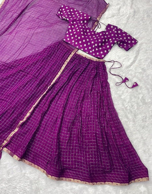 South Indian half saree wine purple viscose with zari checks pattern
