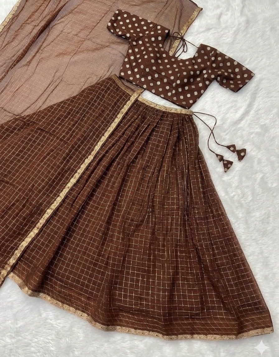 South Indian half saree brown viscose with zari checks pattern
