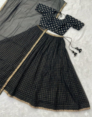 South Indian half saree black viscose with zari checks pattern
