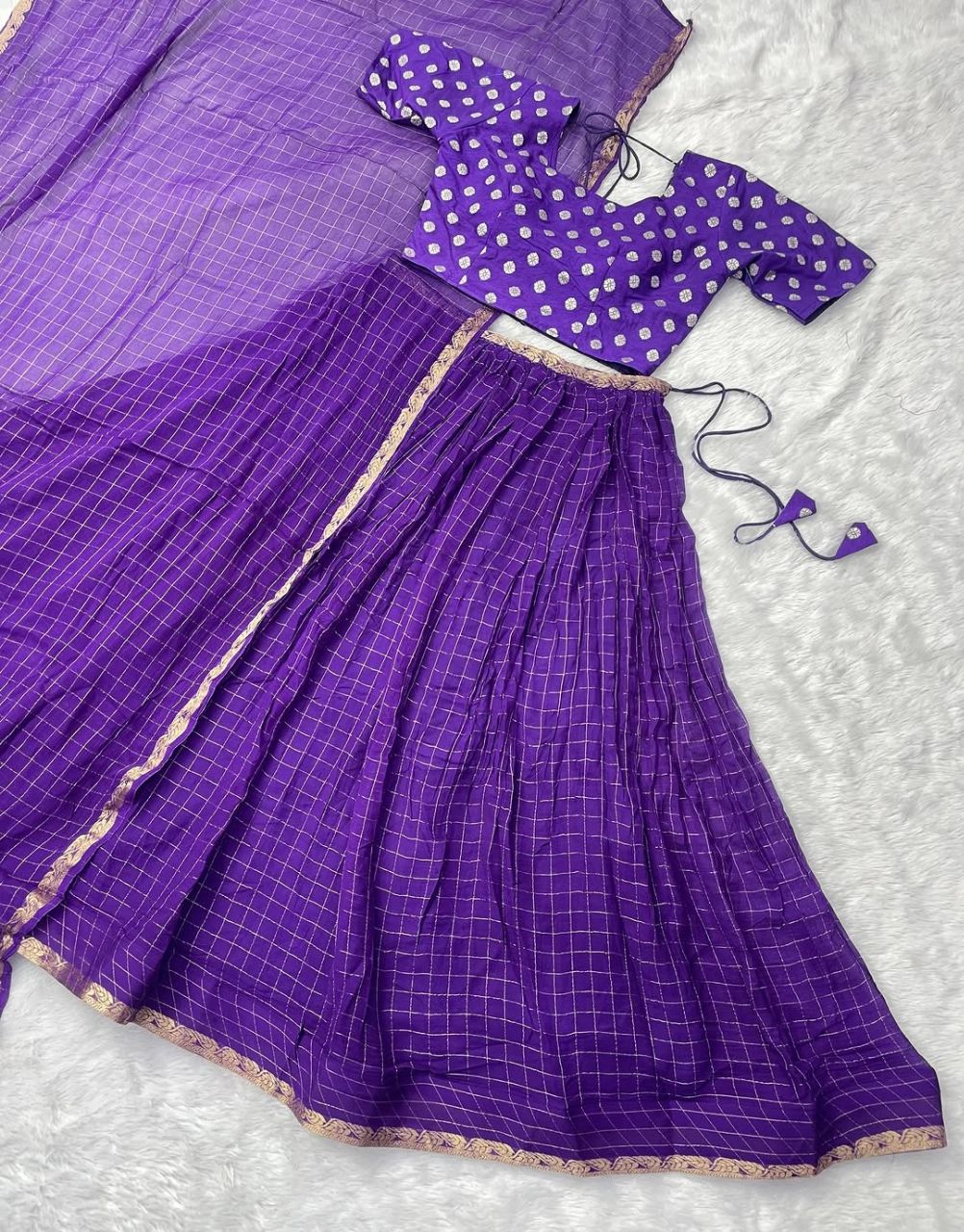 South Indian half saree purple viscose with zari checks pattern
