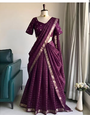 Wine purple pure viscose half saree with zari checks lehenga and booti blouse
