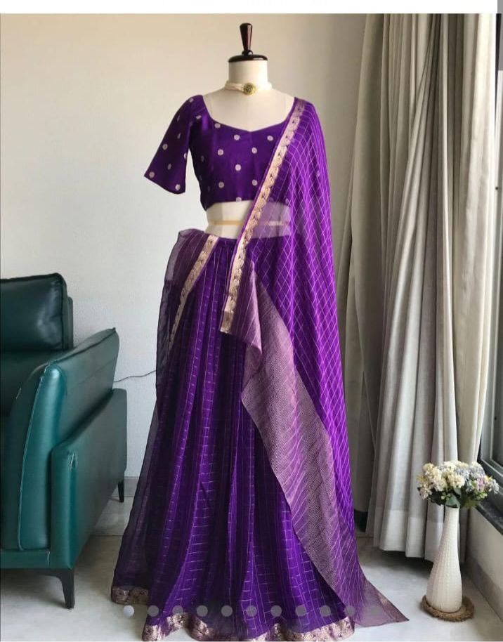 Purple pure viscose half saree with zari checks lehenga and booti blouse
