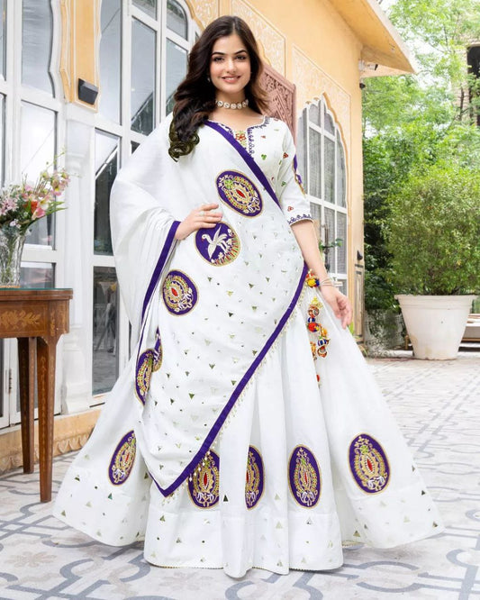 White Beautiful Digital Print Real Mirror Work Navratri Lehenga Choli