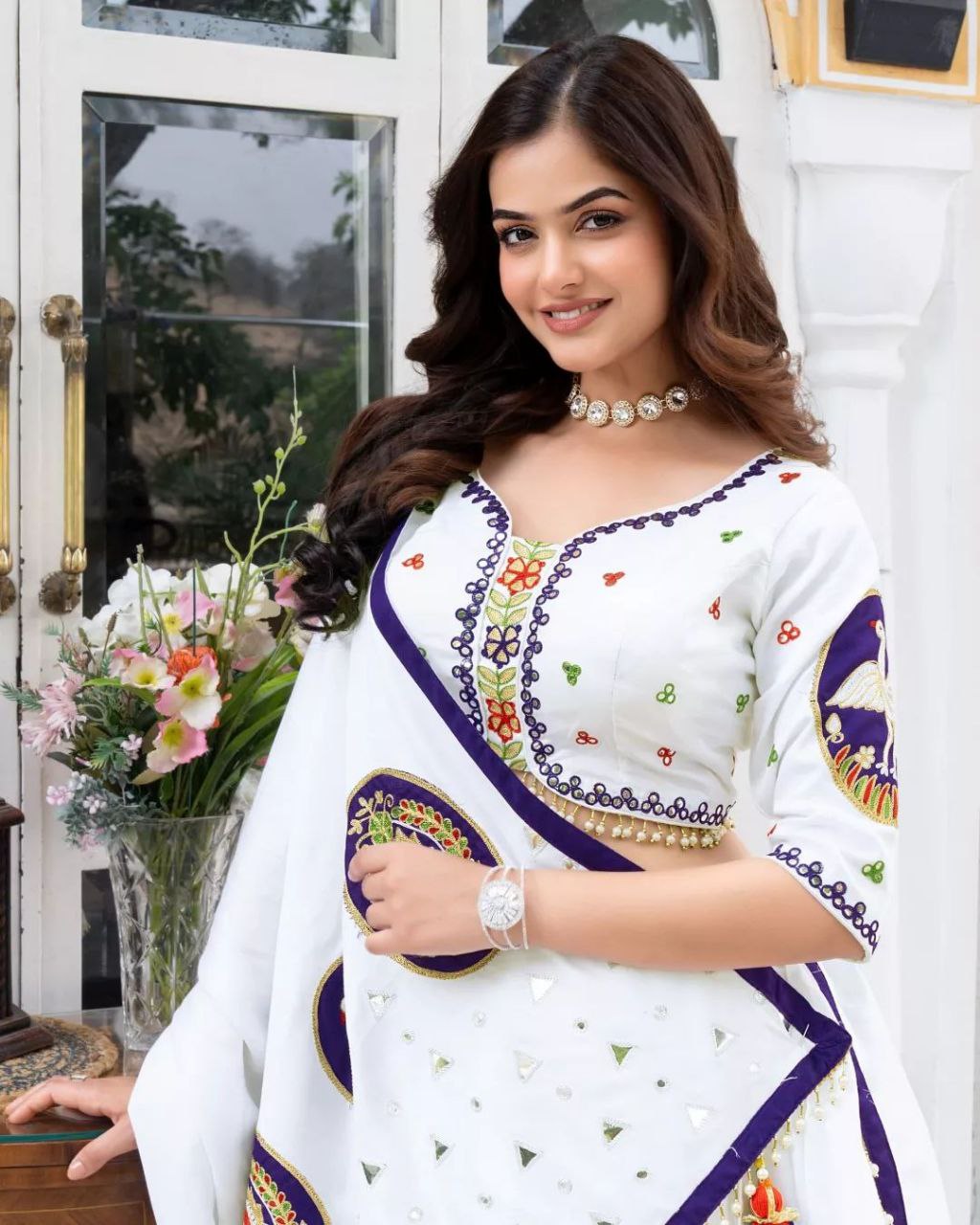 White Beautiful Digital Print Real Mirror Work Navratri Lehenga Choli
