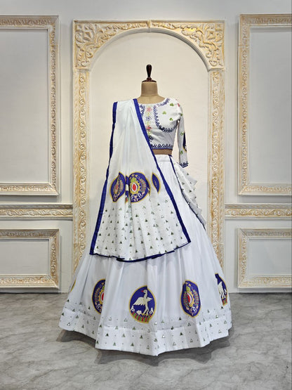 White Beautiful Digital Print Real Mirror Work Navratri Lehenga Choli