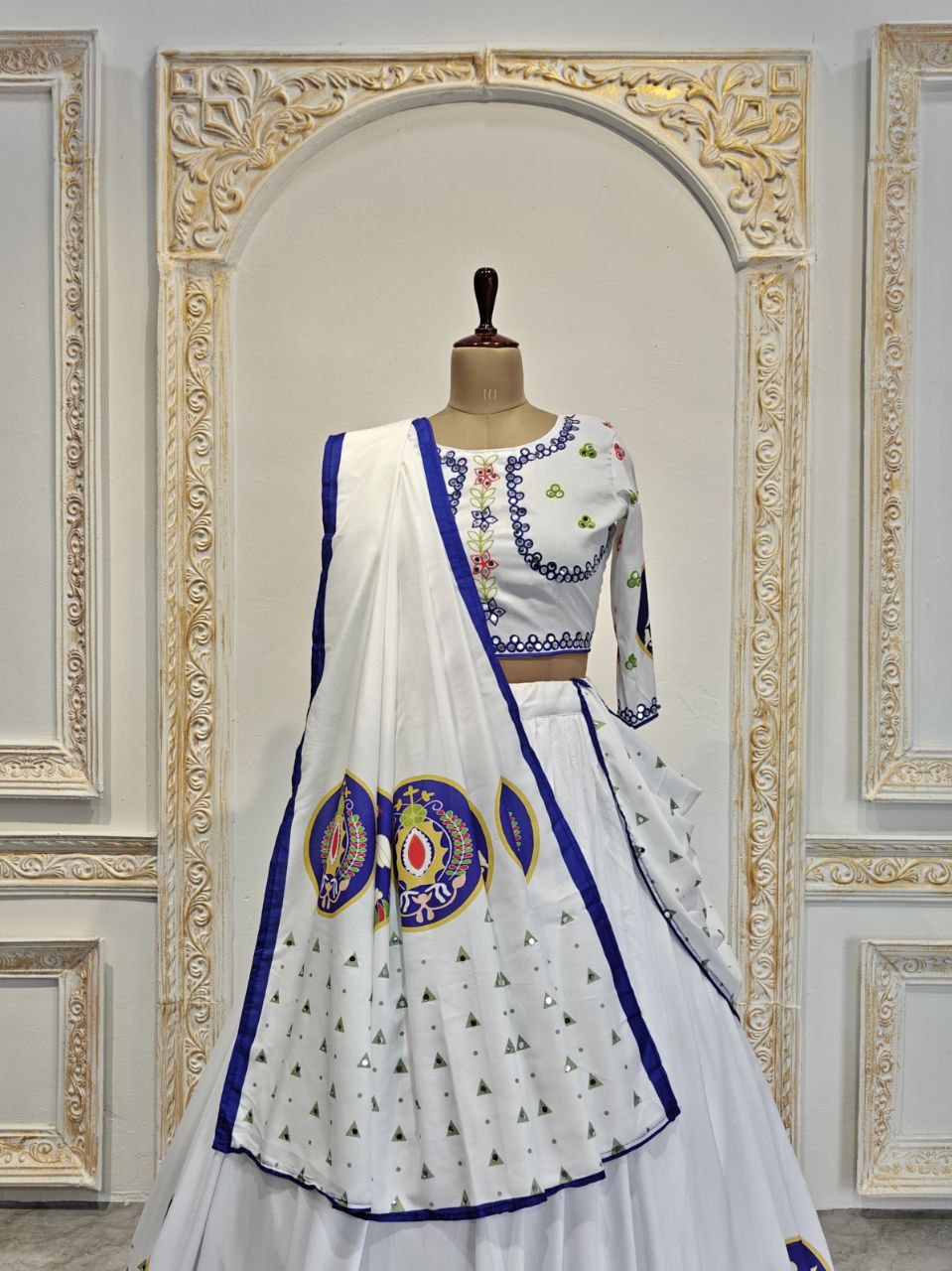White Beautiful Digital Print Real Mirror Work Navratri Lehenga Choli