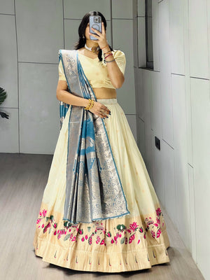 Royal Cream and Firozi Paithani Silk Lehenga with Floral Zari Weaving and Designer Border by The Beauty Queen Surat