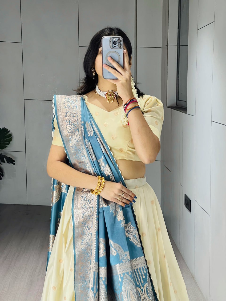 Cream & Firozi Paithani Silk Lehenga with Floral Zari Weaving & Designer Contrast Border