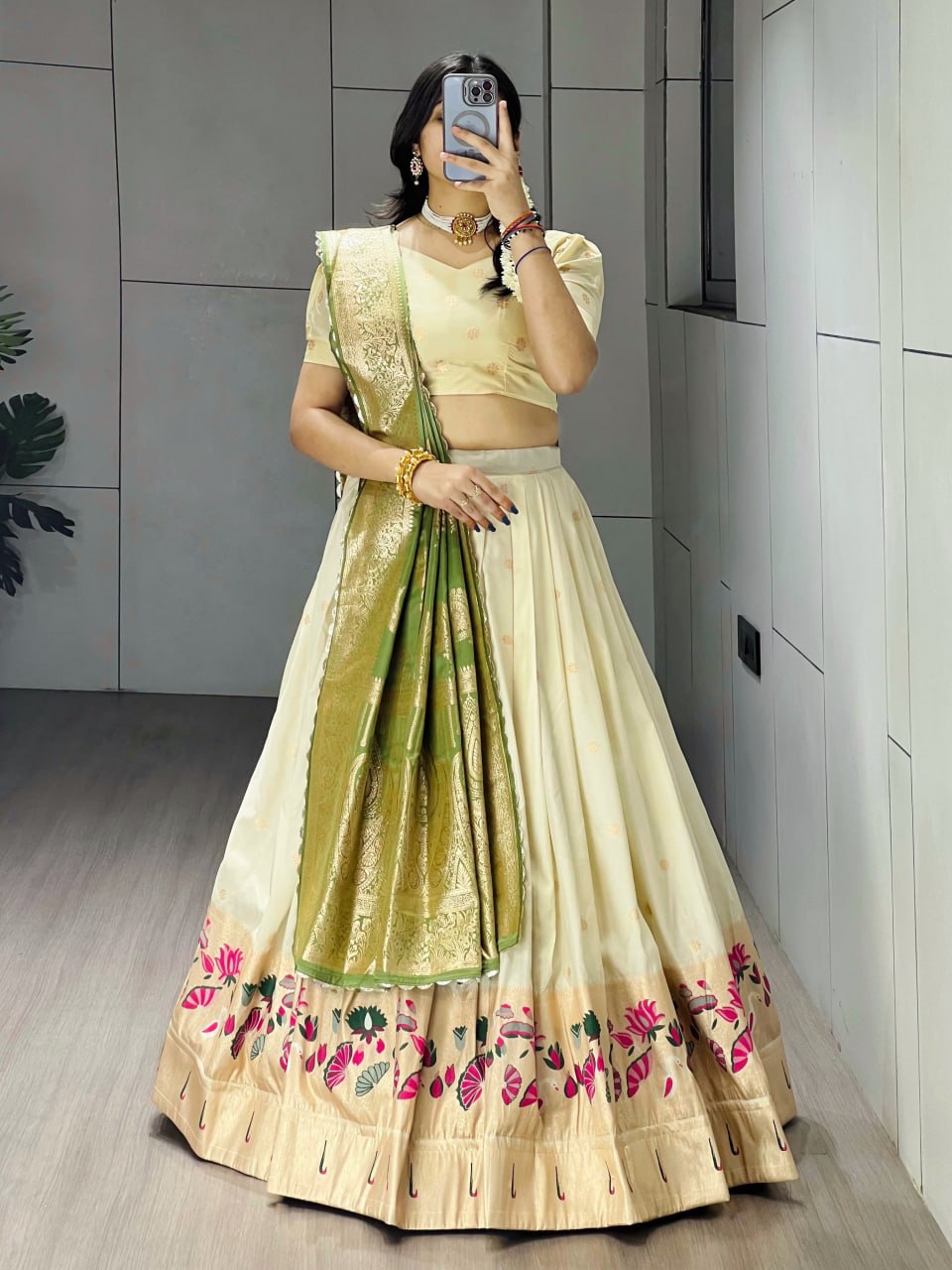 Royal Cream and Green Paithani Silk Lehenga with Floral Zari Weaving and Colored Border by The Beauty Queen Surat