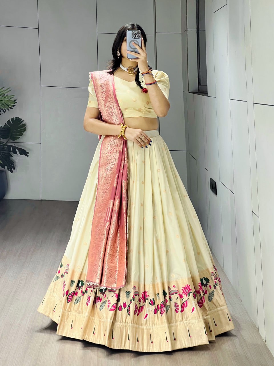 Royal Cream and Pink Paithani Silk Lehenga with Floral Zari Weaving and Colored Border by The Beauty Queen Surat