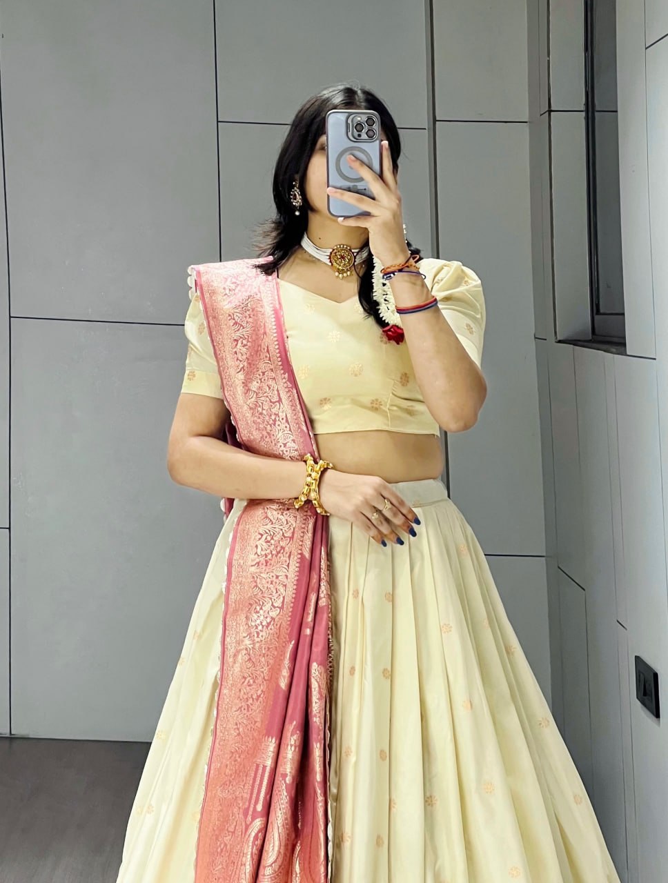 Cream & Pink Paithani Silk Lehenga with Floral Zari Weaving & Designer Colored Border
