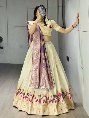 Royal Cream and Purple Paithani Silk Lehenga with Floral Zari Weaving and Designer Border by The Beauty Queen Surat