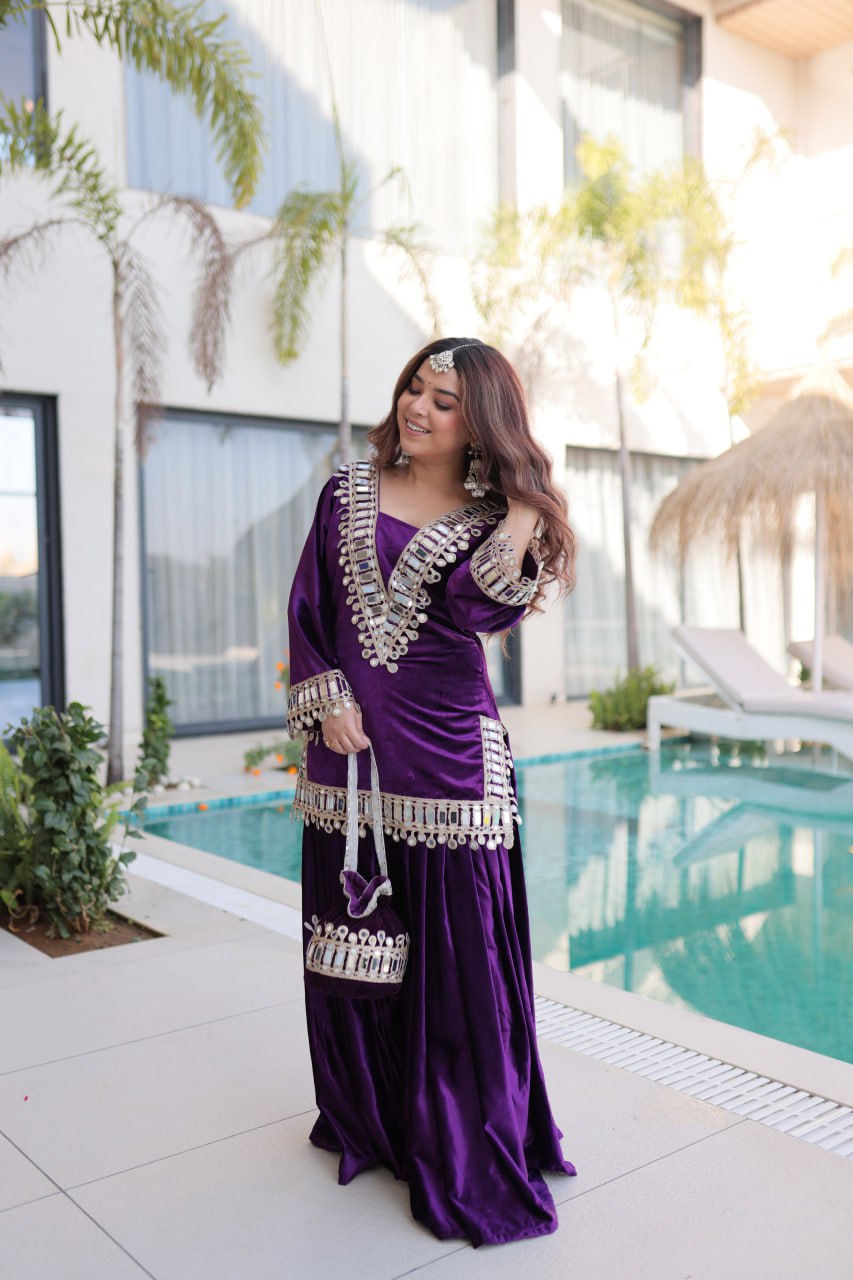 Royal Purple Velvet With Rich Zari Embroidered And Real Mirror Work Palazzo