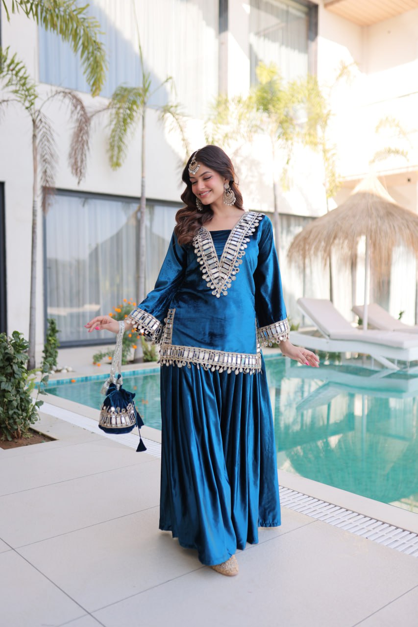 Royal Blue Velvet With Rich Zari Embroidered And Real Mirror Work Palazzo