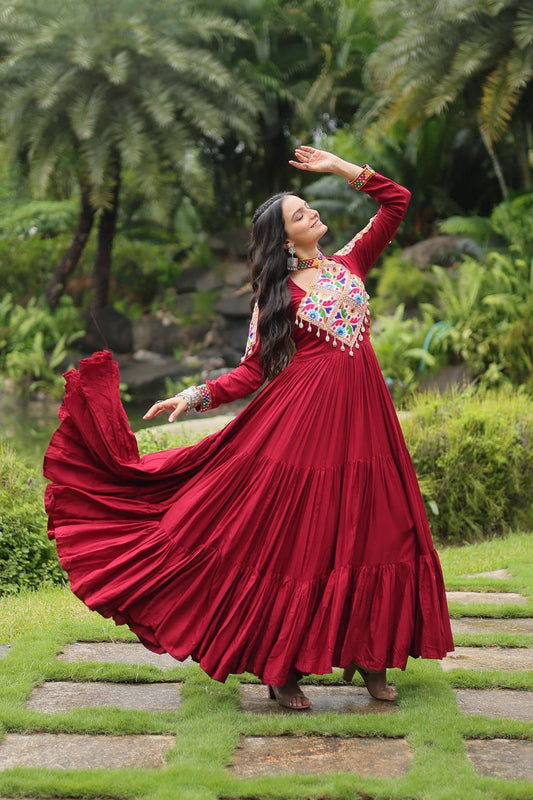 Maroon Reyon With Kutchi Gamthi Work Navratri Gown