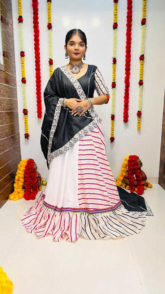 Rajwadi Pure Cotton Silk Printed With Lace Work Navratri Lehenga Choli