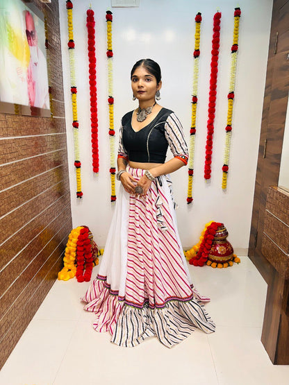 Rajwadi Pure Cotton Silk Printed With Lace Work Navratri Lehenga Choli