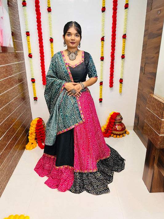 Rajwadi Bandhani Printed Pure Cotton Silk With Gamthi Lace Work Navratri Lehenga Choli