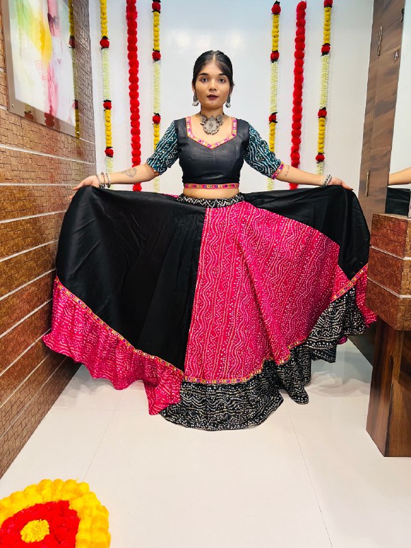 Rajwadi Bandhani Printed Pure Cotton Silk With Gamthi Lace Work Navratri Lehenga Choli